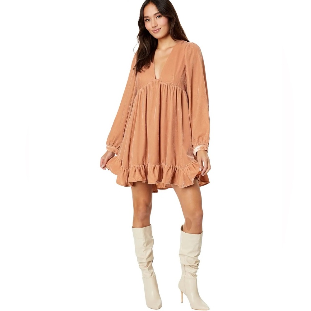 Free People Estella Velvet Flounce Babydoll Mini Dress in Rose Pearl Size Small